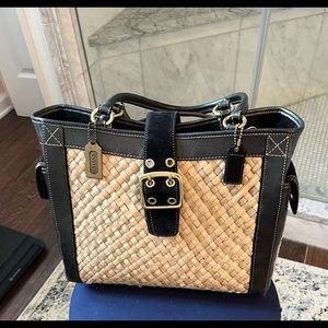 COACH leather & straw tote